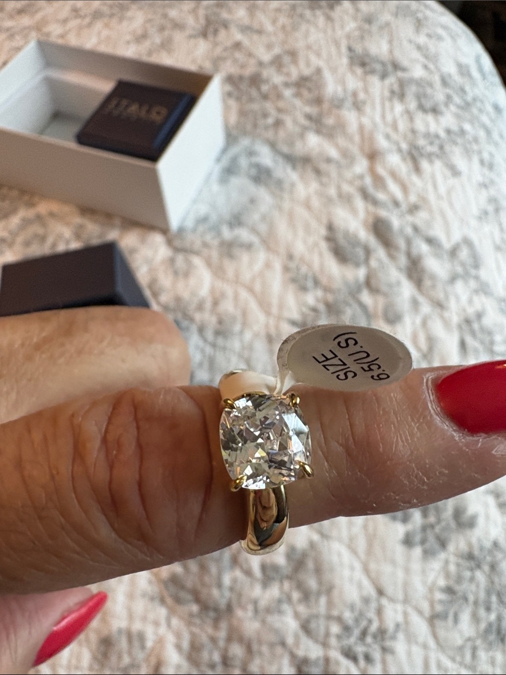 Gold-Tone Cushion-Cut Solitaire Ring in Clear Stone - Size 6.5